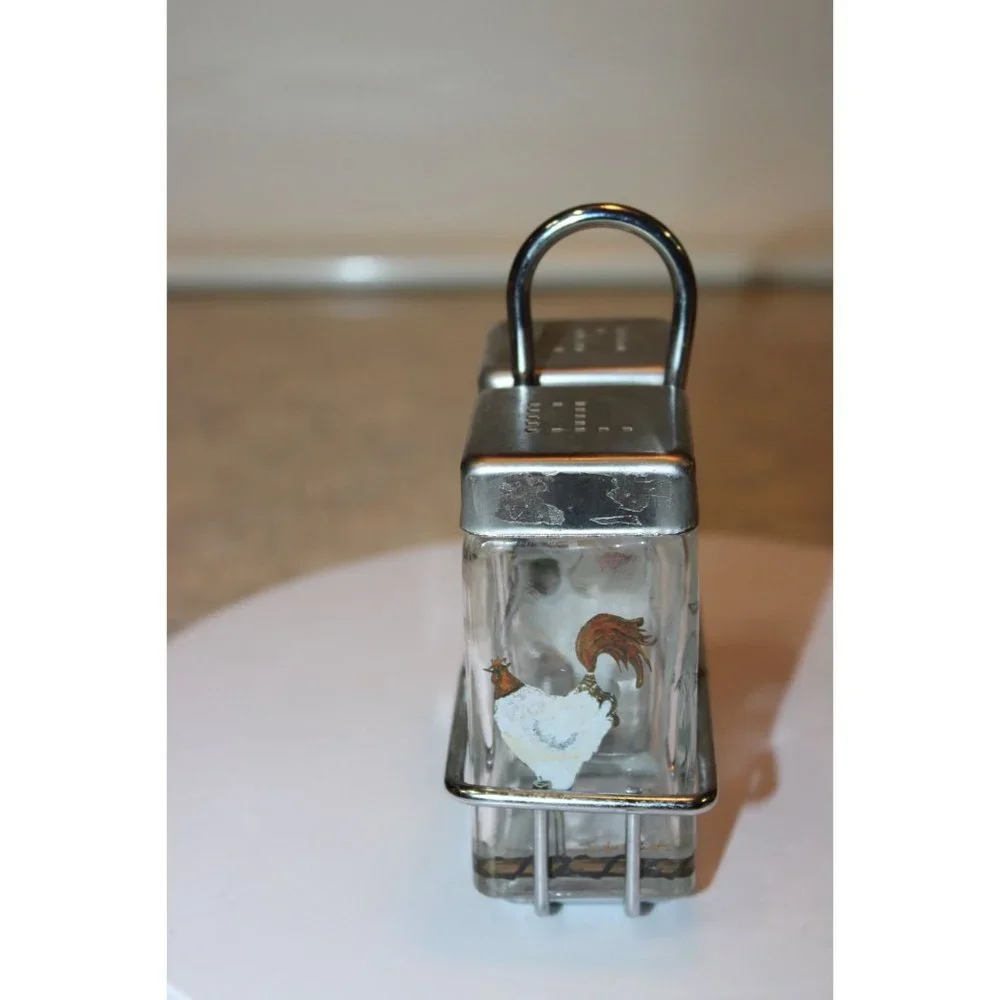 Salt & Pepper Shakers - Square Glass with Chickens Metal Stand